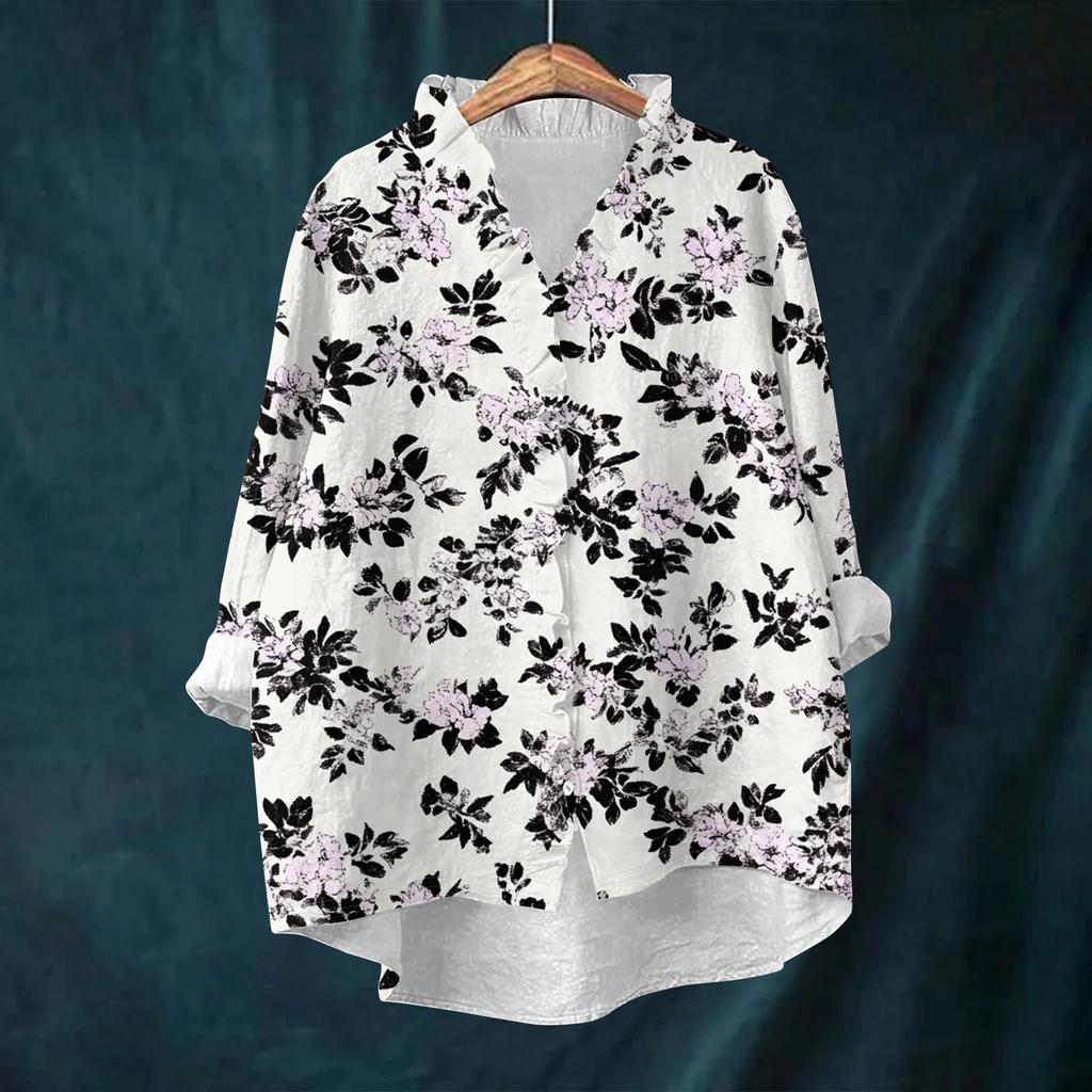 Women's Loose Ruffled Retro Floral Print Stand Collar Long Sleeve Cotton And Linen Top