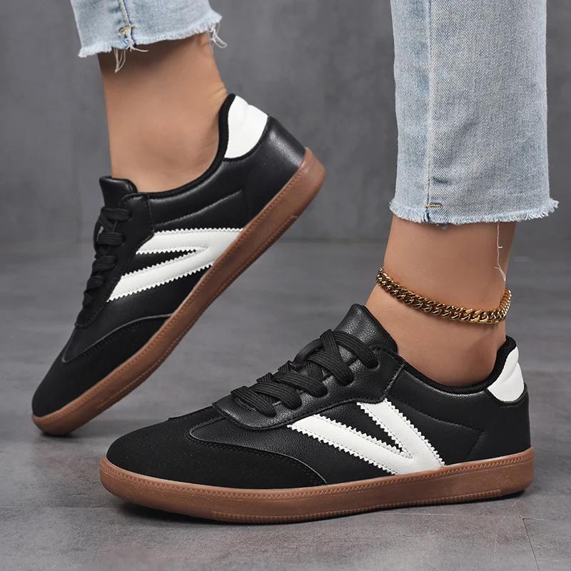 Women'S Casual Skateboard Shoes, Lace-Up Leather Retro Moral Training Shoes, Outdoor Casual Sports Shoes
