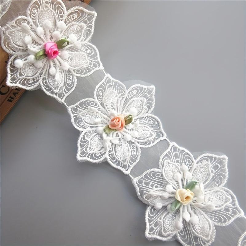 1 Yard (About 13 Flowers) White Cotton Hexagonal Flower Embroidered Lace Trim Ribbon, Polyester Sewing Supplies for Diy Crafts and Costume Decorations
