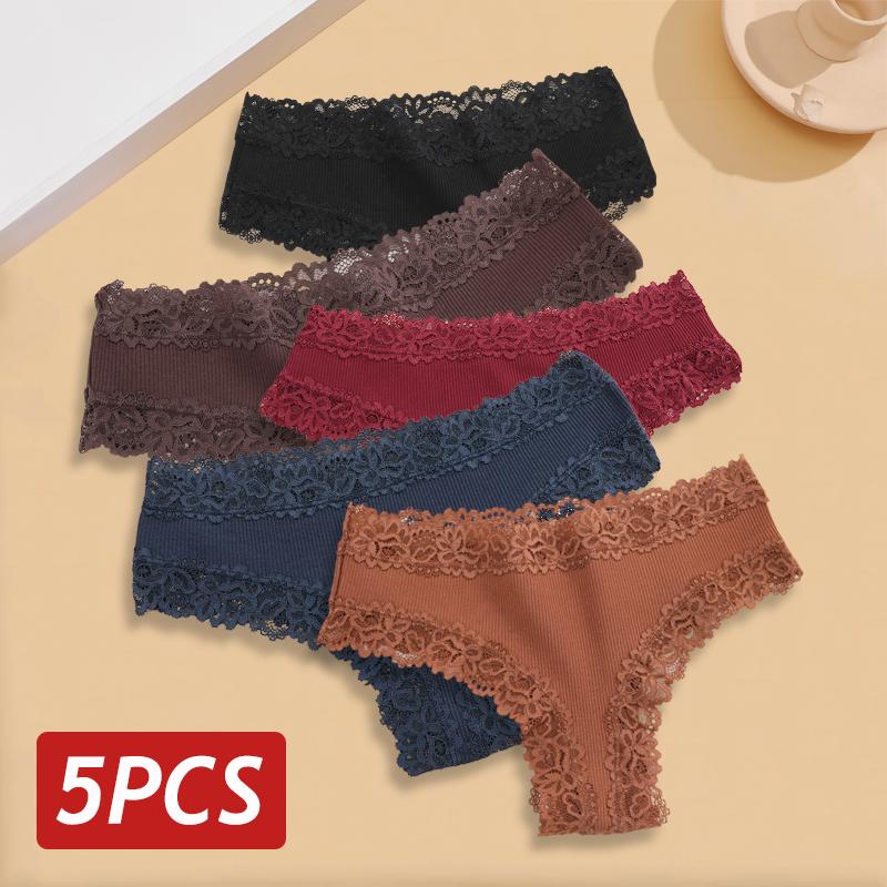 5 STÜCKE/Set Damen Spitze Nahtlose Baumwollslips Sexy Brazilian Hosen Gerippt Atmungsaktiv Mädchen Unterwäsche Weich Übergröße Dessous S-XL