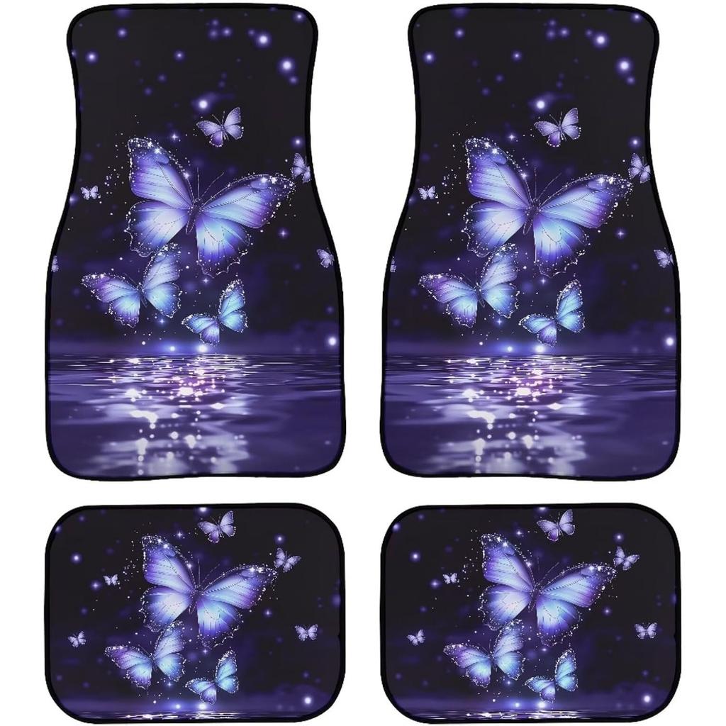 4pcs Purple Blue Butterfly Print Car Floor Mats | Durable Waterproof Universal Fit Automotive Carpet Set for Women, Interior Car Care, Decorative Mats