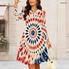 Women Plus Size Round Neck Long Sleeve Midi Dress Glitter Star Fireworks Swirl Print High Waist Swing Dress