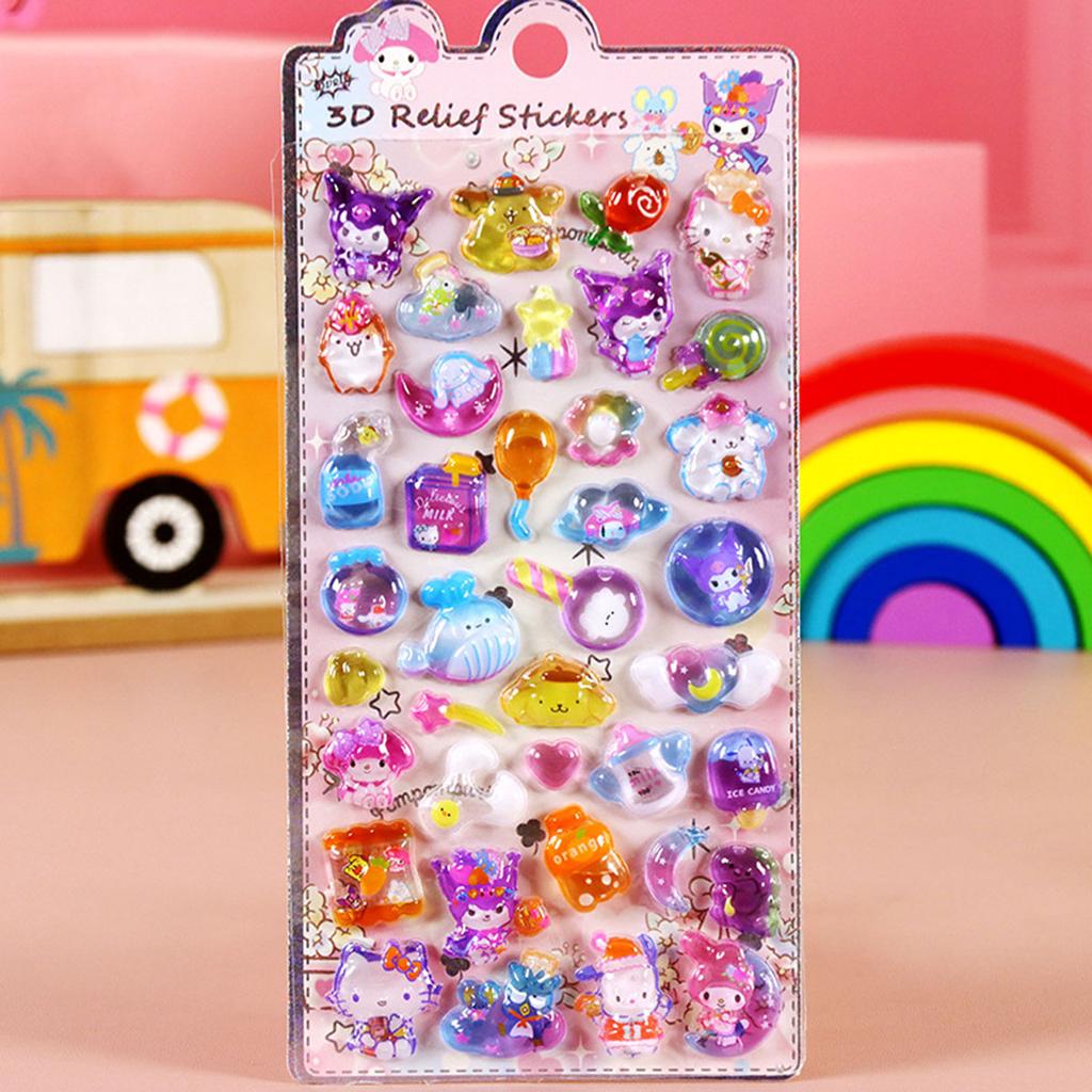 1/8Pcs 3D Relief Stickers Sanrio Hello Kitty Kuromi Cute Cartoon Crystal Sticker Handmade Diy Hand Decals Gifts