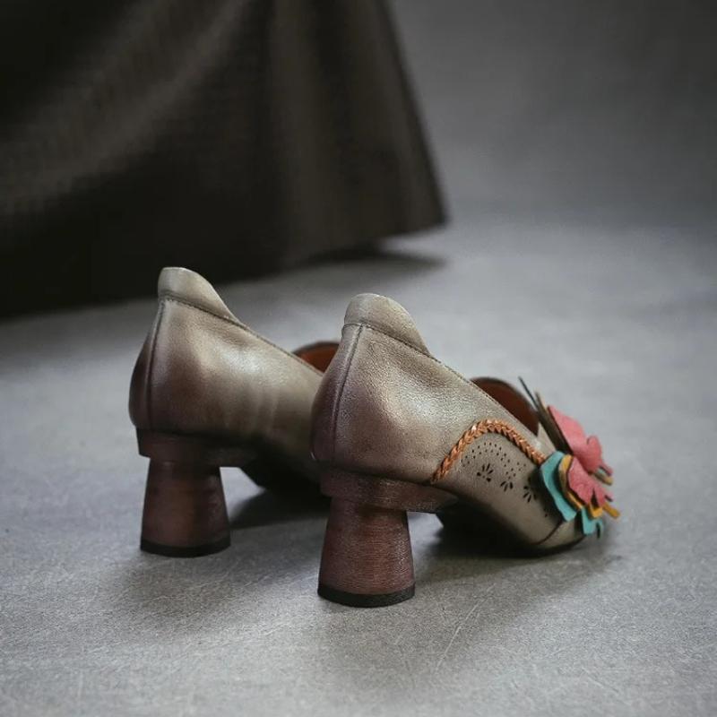 Johnature Retro High Heels Genuine Leather Shallow Commuter Versatile Women's Shoes