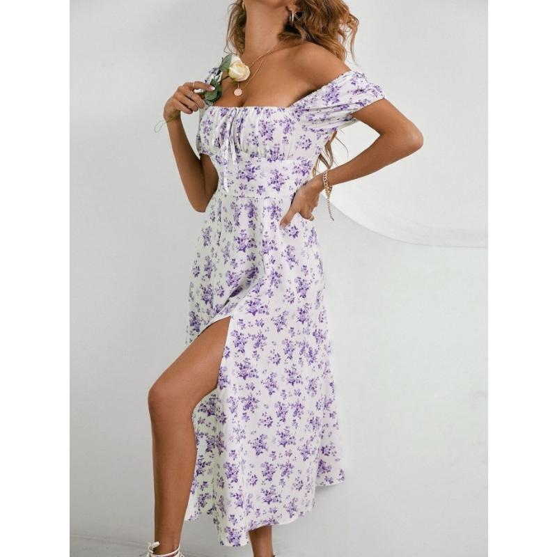 Florales, rückenfreies, schmal geschnittenes Kleid, trägerlos, Puffärmel, Hosenträgerkleid, geteilt, plissiert, Schnürung, Vintage-Sommer-Damenbekleidung