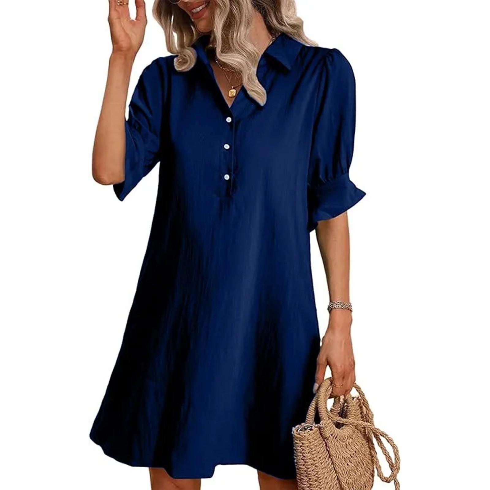 

Women s Casual Fashion Summer Loose Color Button Half Sleeve Dress L темно-синий