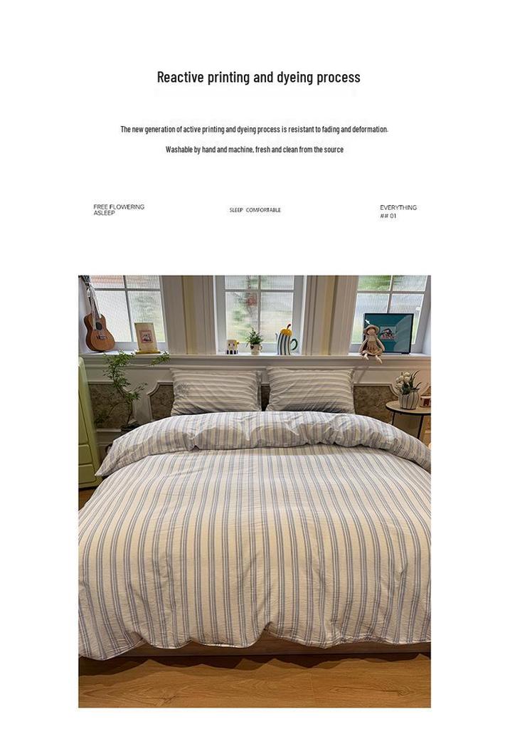 Washable Cotton Stripe Plaid Soft Bed Set: Includes Duvet Cover, Fitted Sheet & Pillowcases.