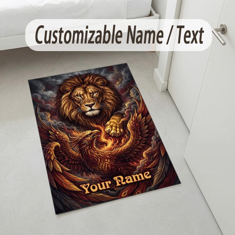 Dragon Phoenix Theme Crystal Velvet Rug Personalized Custom Name Text Soft Floor Mat Home Decor