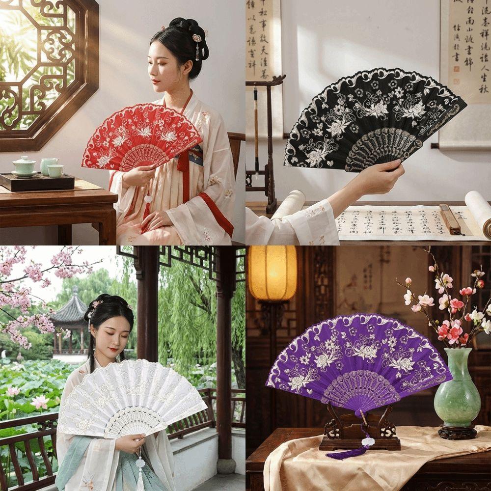 With Tassel Folding Fan Floral Pattern Dance Fan Classic Silk Hand Fan  Photo Prop