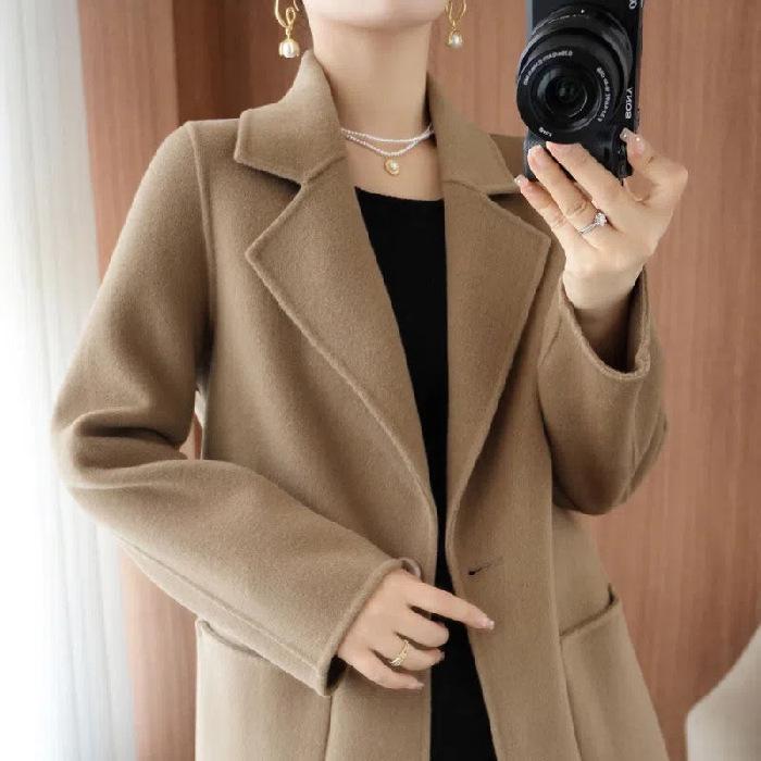 

Women s Mid-Length Double-Sided Cashmere Coat, 2025 Autumn/Winter Collection, Petite & Plus Size Pure Wool Outerwear 4XL какао кольору