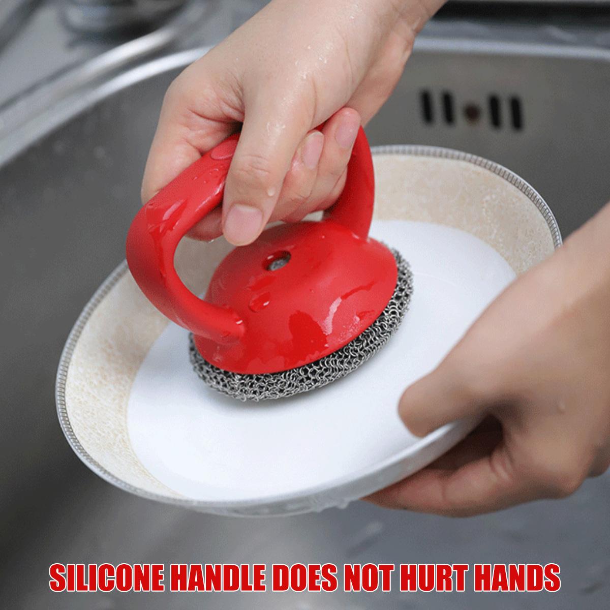 Cast Iron Scrubber 316 Stainless Steel Cast Iron Scrubber with Handle Steel Wool Scrubber Round Chainmail Scrubber Brush rosso