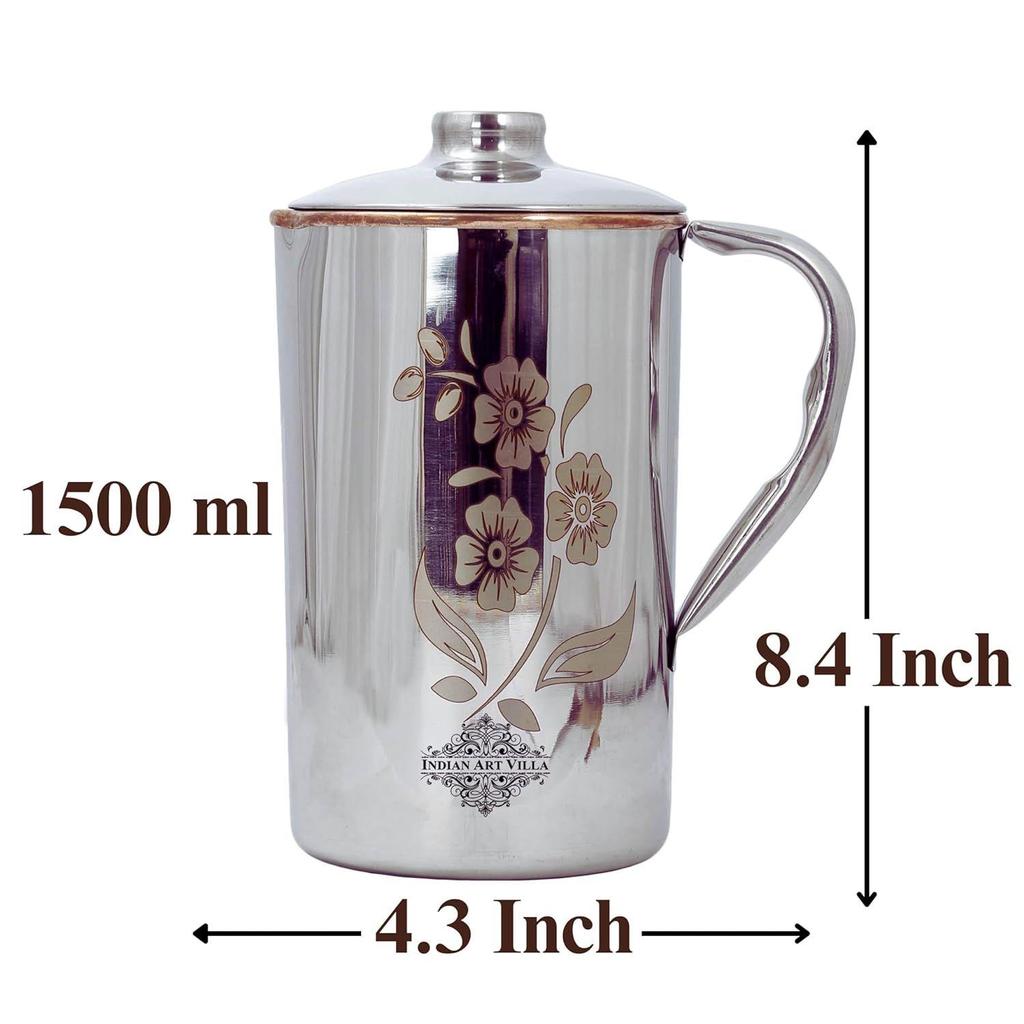 Steel Copper Floral Design Jug Pitcher with Lid, Storage & Serving Water, Beneficial for Health, Volume-1500 ML