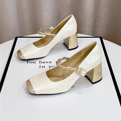Guofeng High Heels Women's Thick Heel 2024 Large Size Color Matching with Cheongsam Square Head New Chinese Mary Jane Single Shoes Women's Middle Heel