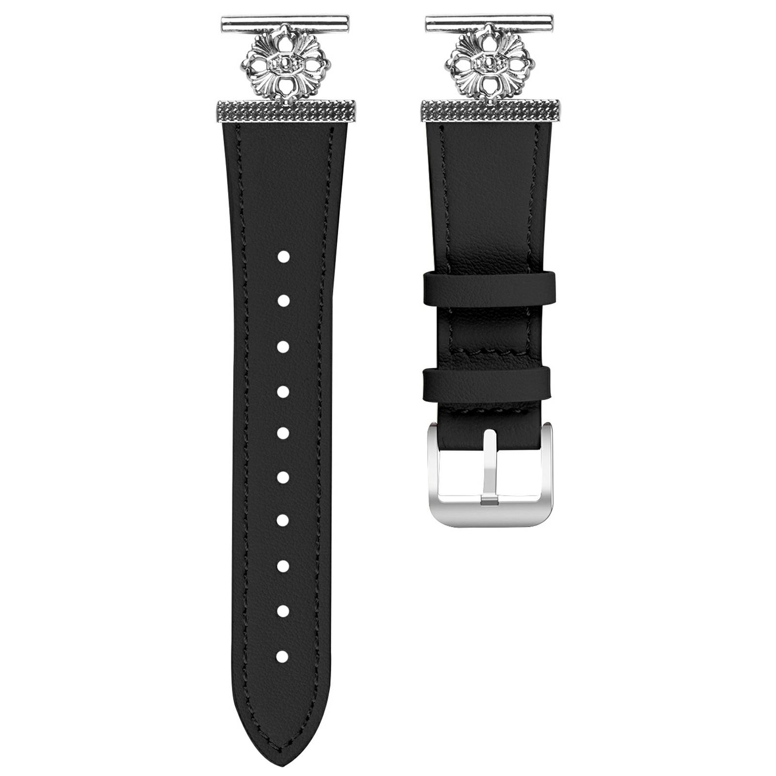 

For Verizon GizmoWatch 2 (Men Version) Watch Band Genuine Cow Leather Flower Decor Adjustable Strap Black