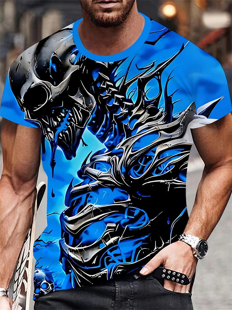 Men's 3D Horror Skull Print T Shirt Casual Comfortable Round Neck Short Sleeve Tee Pullover T-shirt Top Street Fashion Clothing