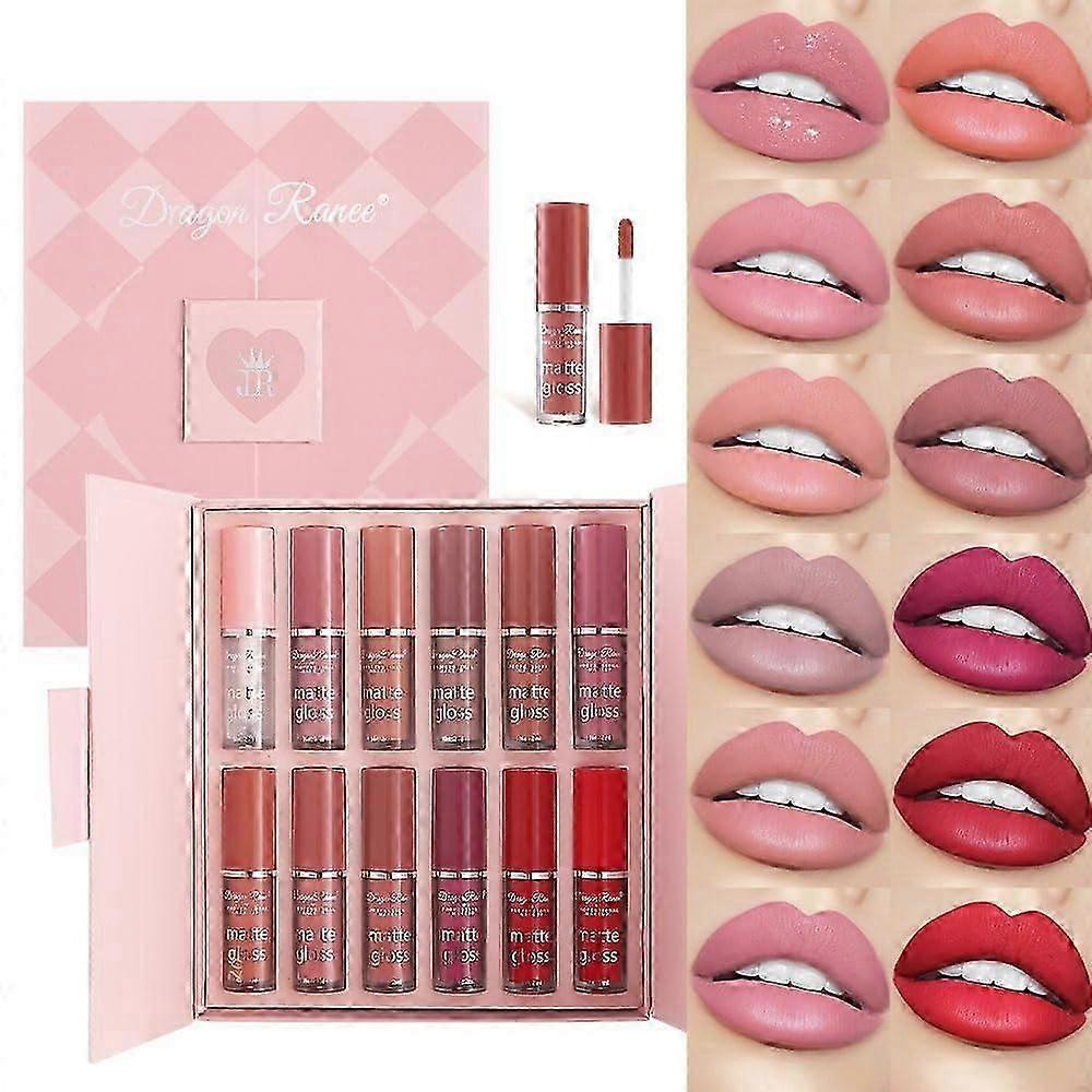 Set de 12 Piezas de Labiales Líquidos de Colores Populares, Brillo de Labios Impermeable Mate y Brillante, Maquillaje Labial de Terciopelo Duradero Antiadherente