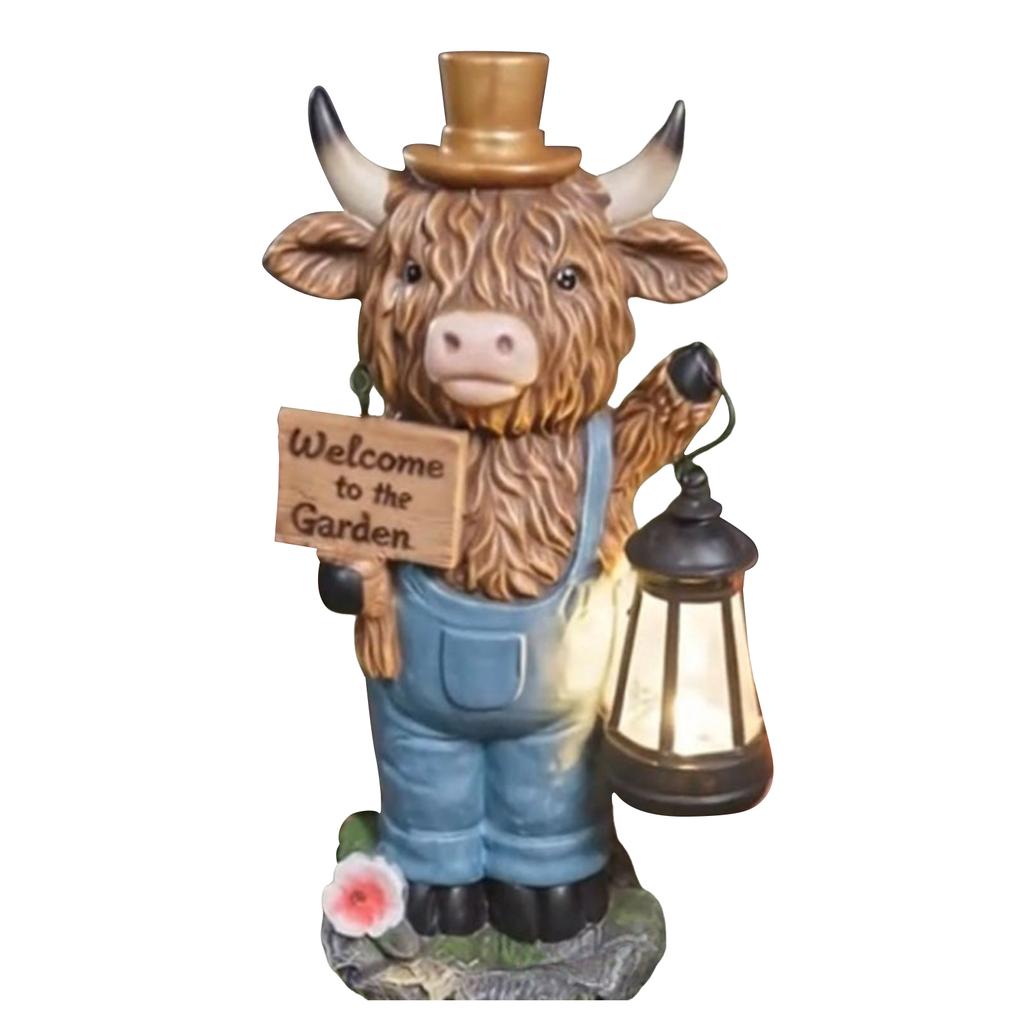Highland Cow Garden Lantern Statue Multi-Purpose Welcome To Garden Sign Figurine Highland Cows Ornaments for Porch Patio Balcony