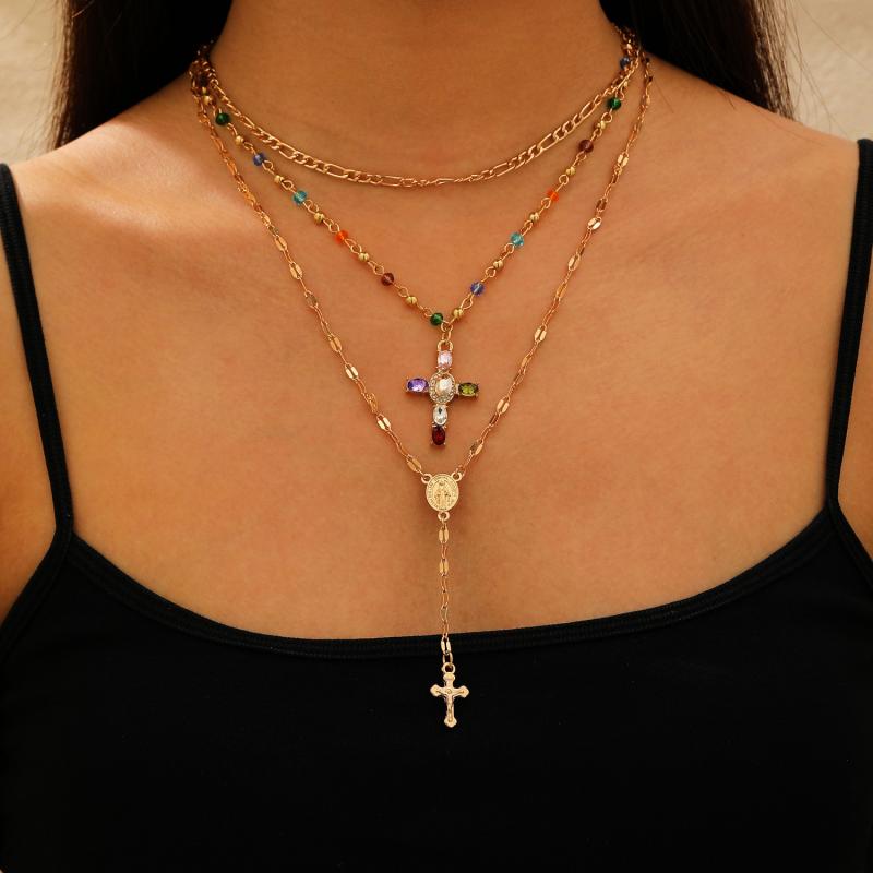 Cross Pendant Tassel Necklace Alloy Chain Layered Crystal Accent Gothic Collarbone Jewelry Unisex Gothic Style Religious Gift