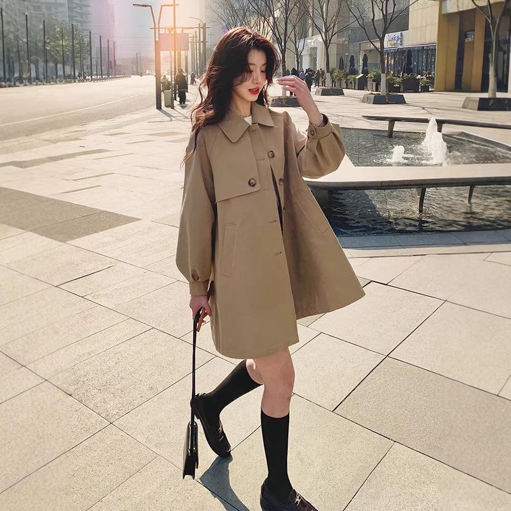 Women's Mid-Length Khaki Windbreaker Coat - Spring/Autumn 2026, Casual Lantern Sleeve Design