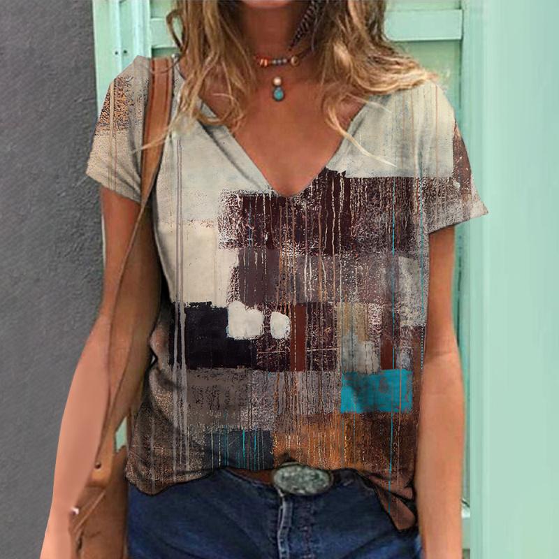 Summer Women's T-shirt Vintage Geometric Print Short Sleeve Tops Female Fashion Clothing V-Neck Oversized Pullover Daily Blouse