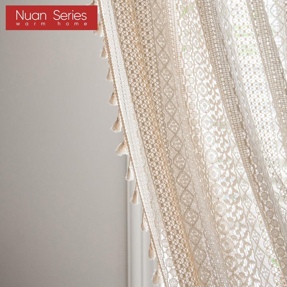 1 PC Nuan Series Lace Tassel Swag Valance,Boho Farmhouse Sheer Curtain Head for Kitchen Bedroom Living Room Window Decoration