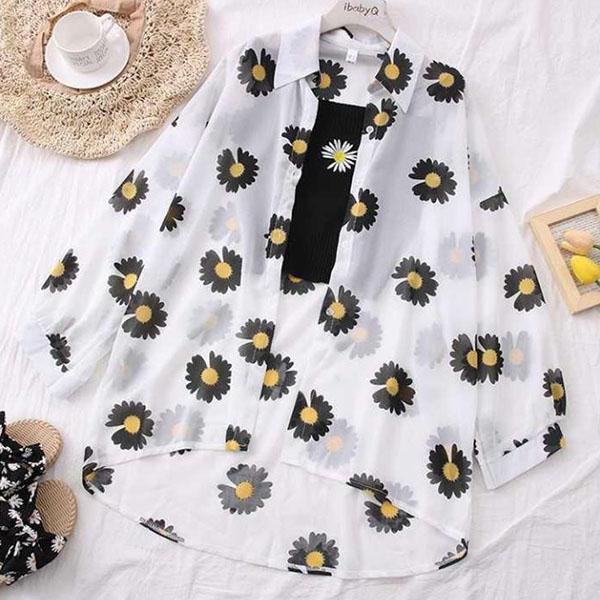 

WTEMPO женские весенне-летние универсальные тонкие шифоновые рубашки с длинными рукавами с принтом маргариток, большие размеры, свободные солнцезащитные дышащие рубашки, пальто с пуговицами XL чёрный