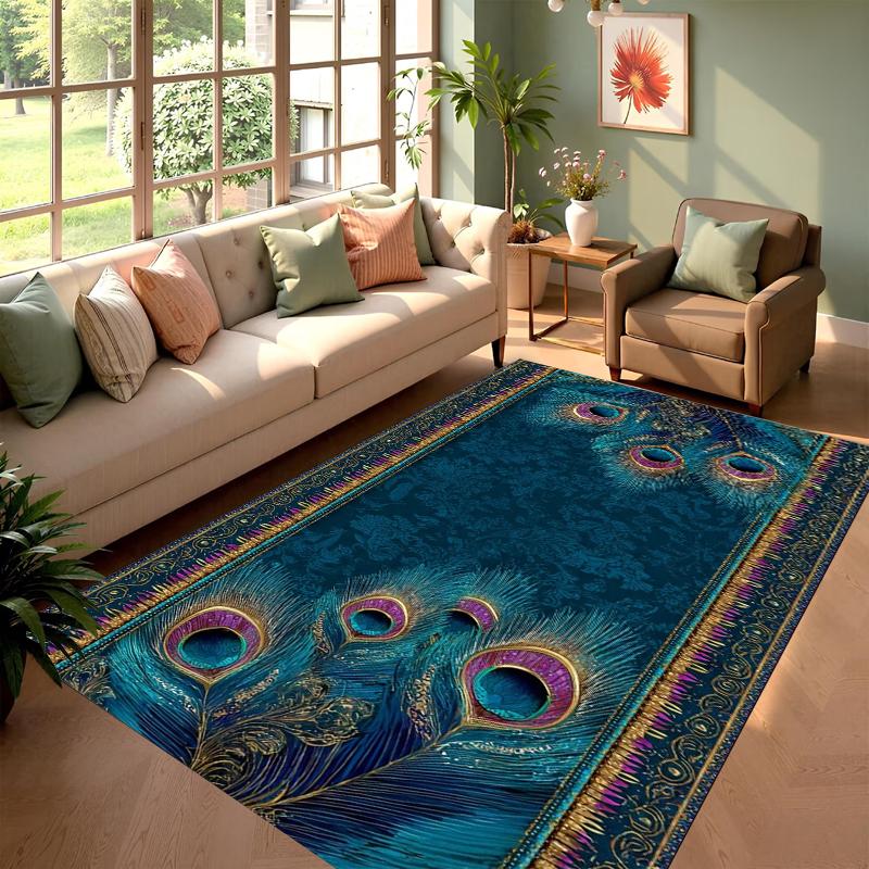 

Rug Floor Carpet Mat Rich Peacock Feather Jewel Print Non-Slip Washable in Teal Gold Purple for Opulent Bohemian Home Decoration 40X60cm