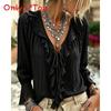 Polyester Blouse With Ruffle Hem And Long Sleeves For Office Wear