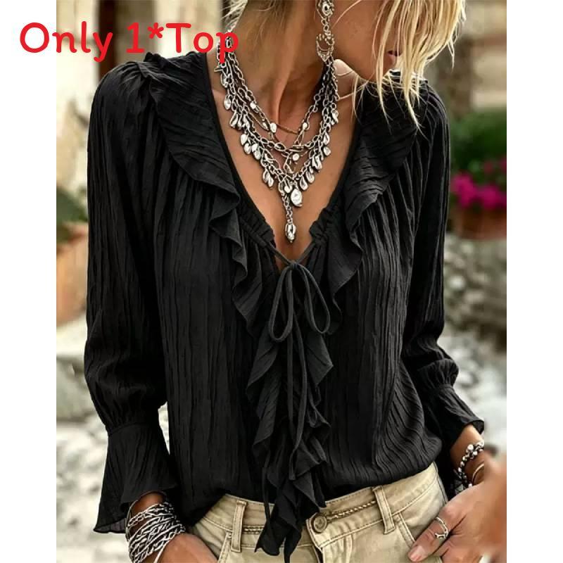 Polyester Blouse With Ruffle Hem And Long Sleeves For Office Wear