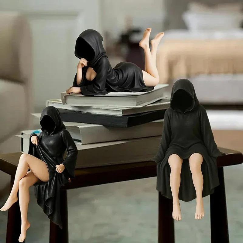 Mysterious Statue Gothic Black Robe Queen Figure Bookshelf Sculpture Spooky Sitting Statues Desktop Ornaments Gifts Sexy 3d Poseable Articulated Scale
