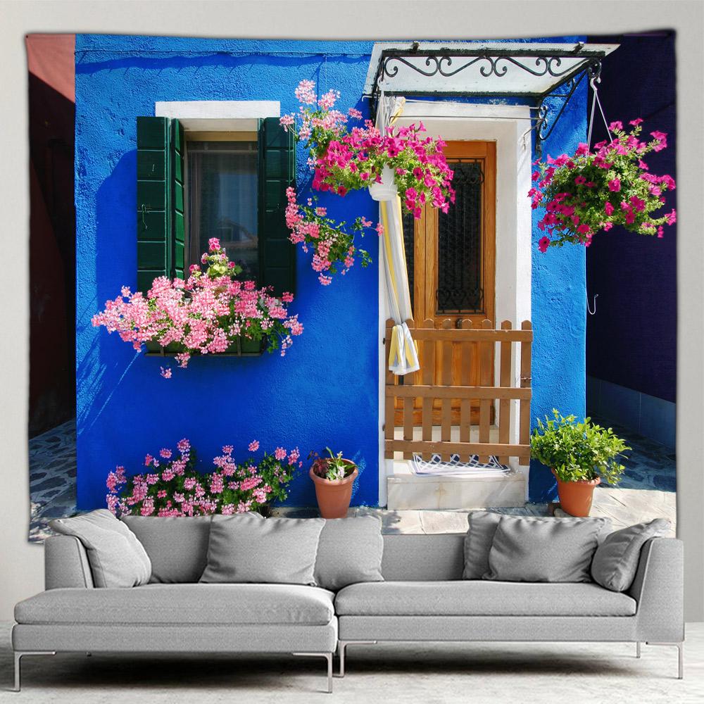 Griechenland Stadt Hippie Wandteppich Frühlingsblumen Straße Wandteppich Haus Hof Terrasse Wandbehang Kunst Wohnzimmer Wandmalerei Wandteppich