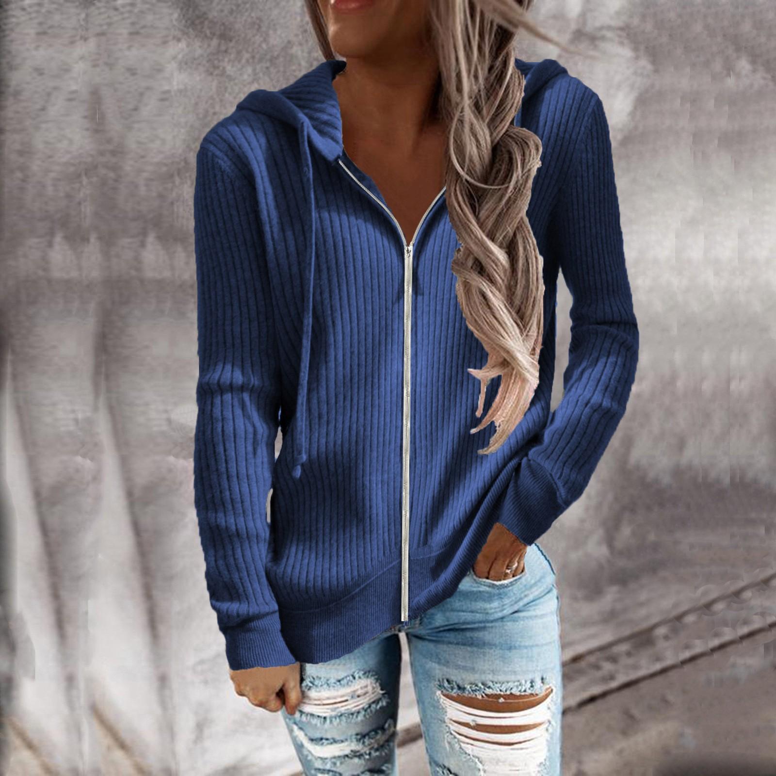 

Відкритий кардиган з довгим рукавом для жінок, повсякденне в язане пальто з капюшоном і блискавкою. XXL синій