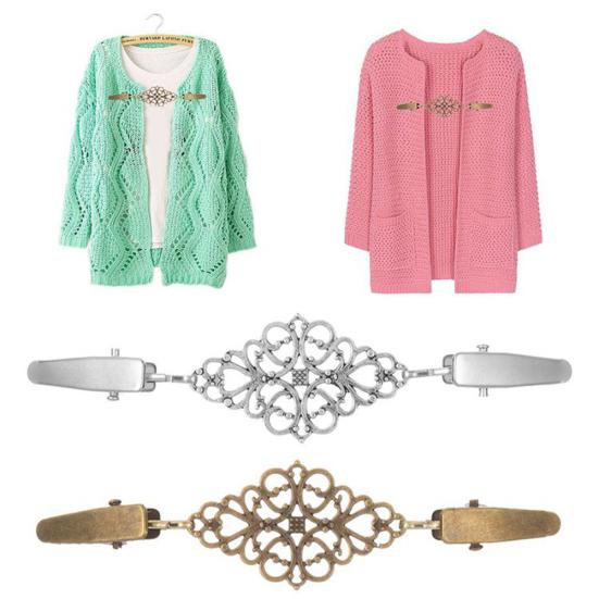 Women Vintage Hollow Floral Cardigan Collar Clip Dress Shawl Cinch Clasp Pin