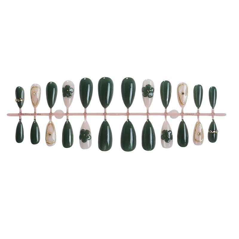 

Зеленые накладные ногти средней длины миндалевидной формы, французский кончик, накладные ногти на клей, полное покрытие, глянцевые искусственные акриловые наклейки для женщин, 24 шт.