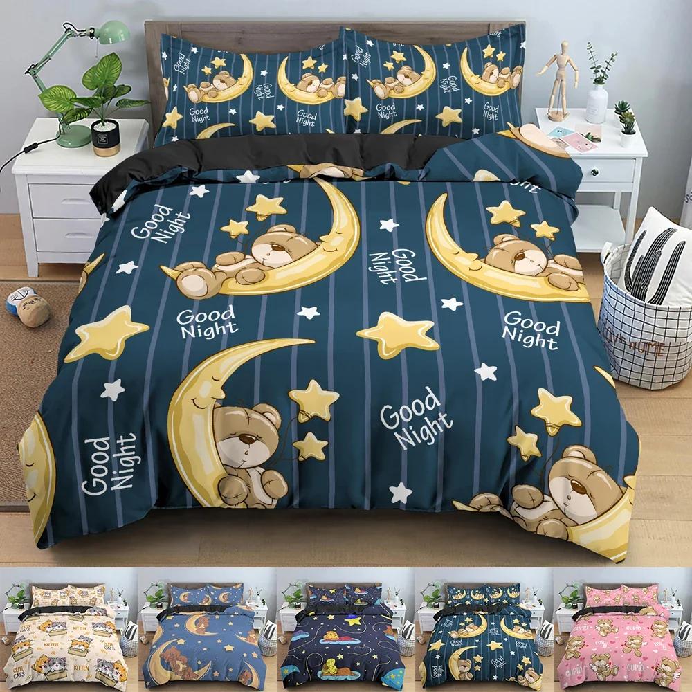3D Printed Night Bear Comfortable Duvet Quilt Cover Pillowcase Bedding Set Children Bedroom Decoration Home Textile