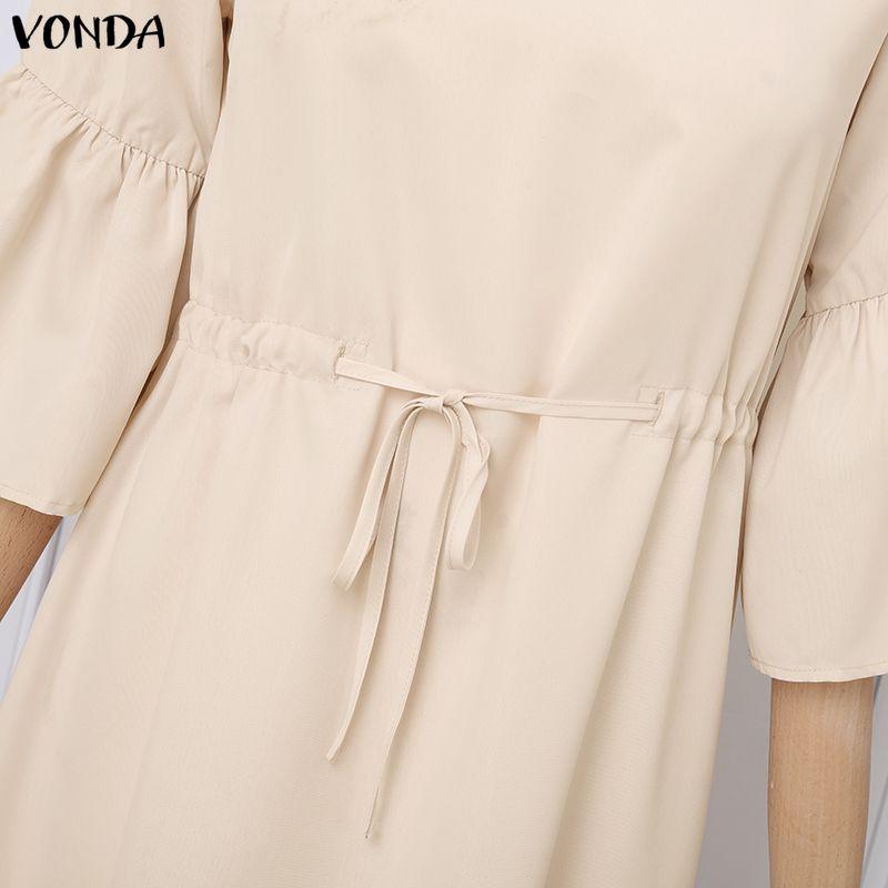 VONDA Women V Neck 3/4 Sleeve Casual Loose Drawstring Waist Maxi Rufffled Dress Robes