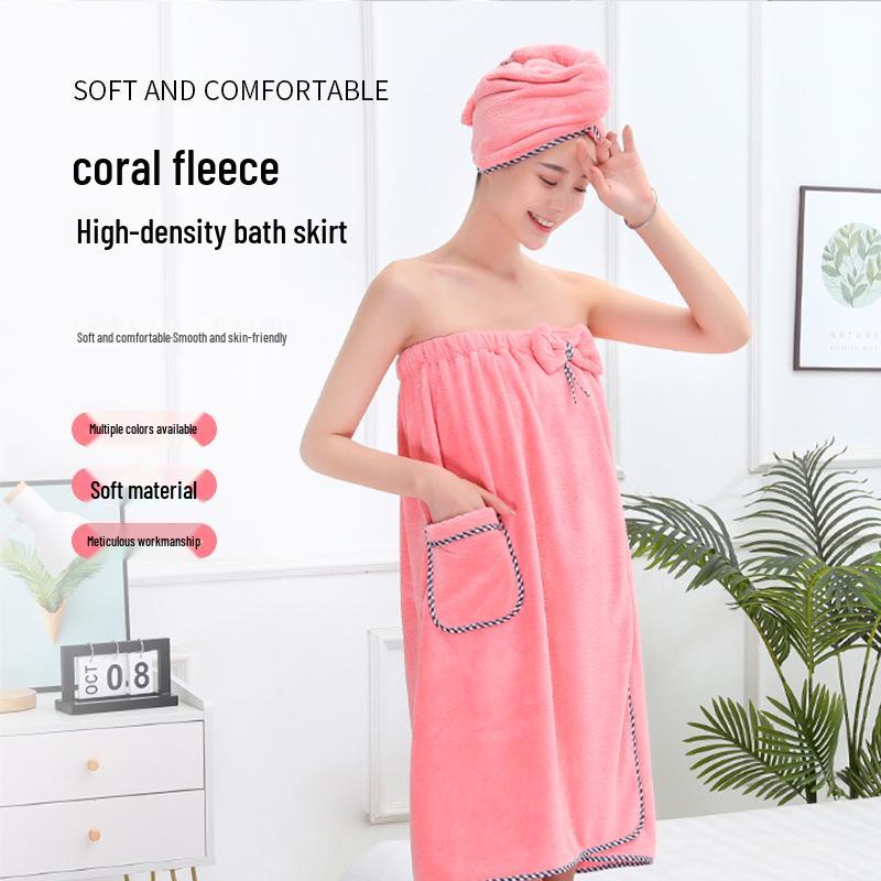 Plush Coral Fleece Bathrobe & Quick-Dry Cap Set - Absorbent & Ideal for Home, 2-Piece Bath & Hair Towel