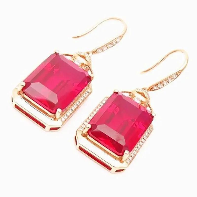 Luxury Fashion Crystal Design Red Zircon Drop Earings Square Ruby Earrings for Women Engagement Banquet Zircon