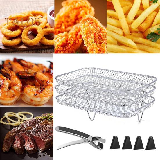 3-Layer Square Round Rectangle Air Fryer Rack Set Stainless Steel Dehydrator Rack with 4 Silicone Feet Anti-Scald Clip Stackable Air Fryer