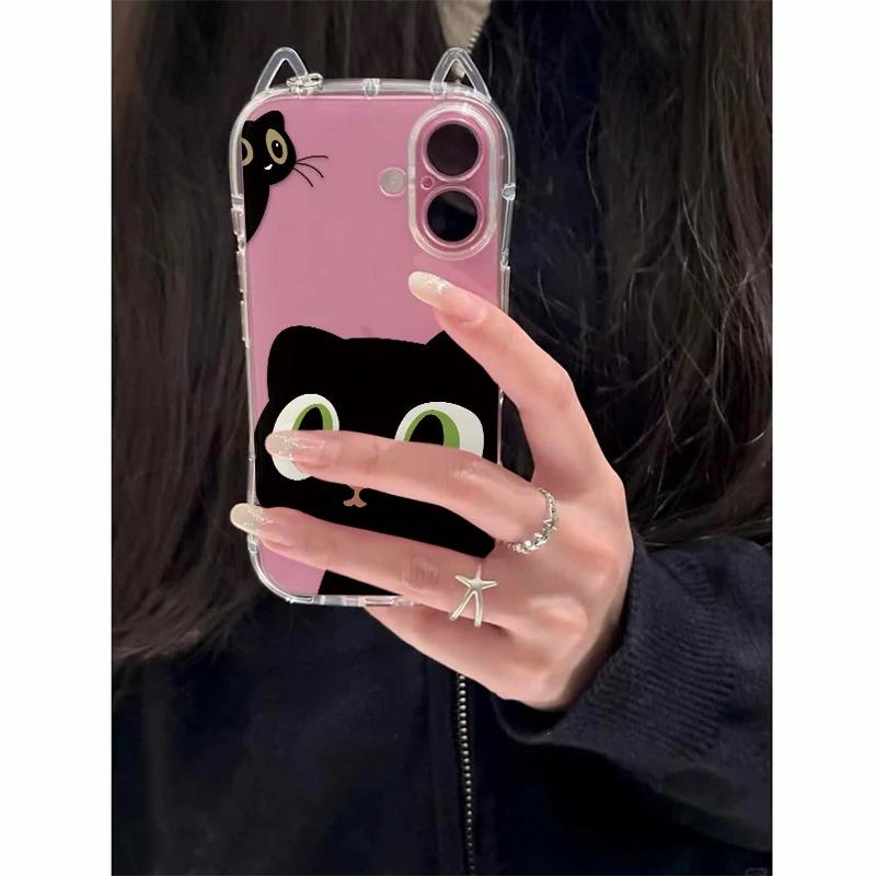 Cute Big-eyed Black Cat iPhone17Promax Mobile Phone Case Is Suitable for Apple Air Transparent 16/15 Women's 14 Anti-drop.