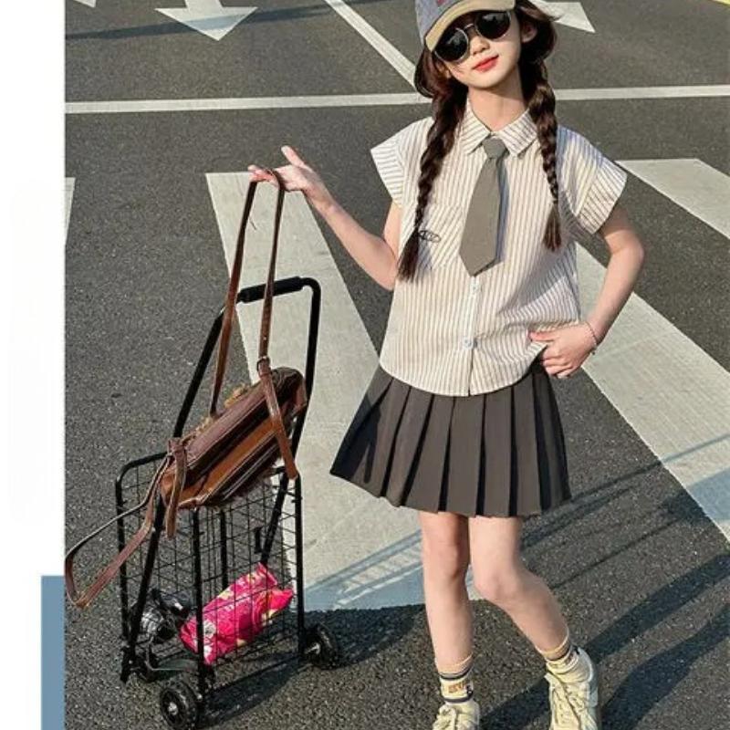 Summer Child Set Teenager Girls Cloth Striped Blouse Shirt Top + Bottom JK Pleated Skirt Suit 4-12 Year Japan