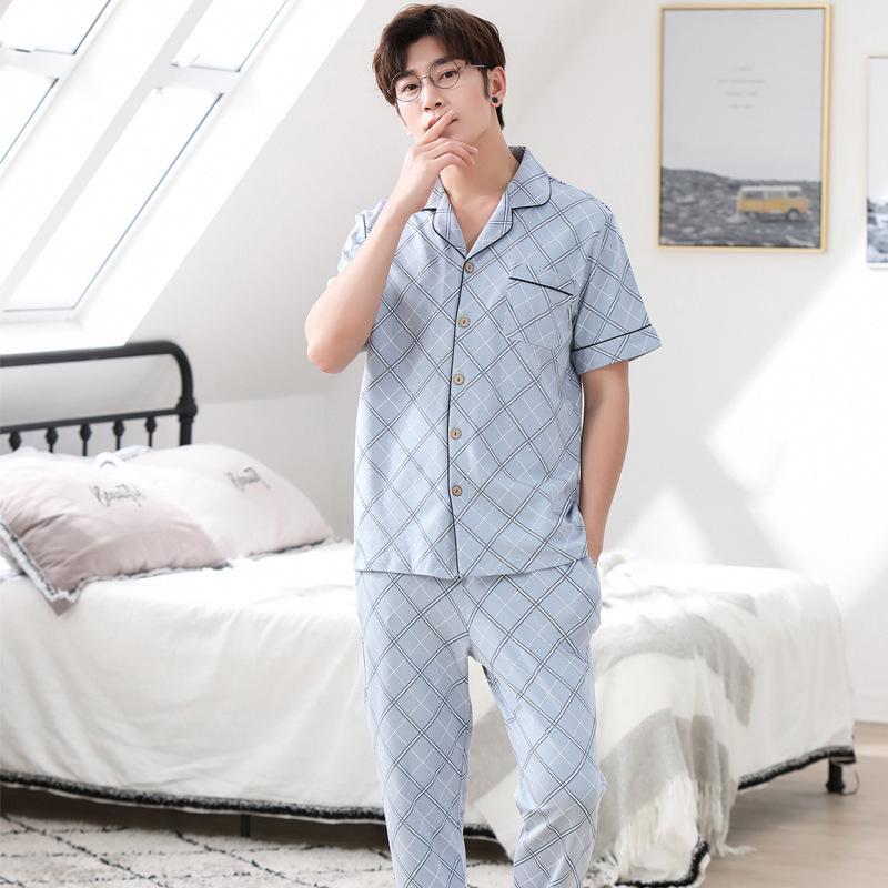 Men's Summer Cotton Pajama Set: Short Sleeve, Long Pants, Plus Size, Loose, Casual, Thin Cardigan Homewear.