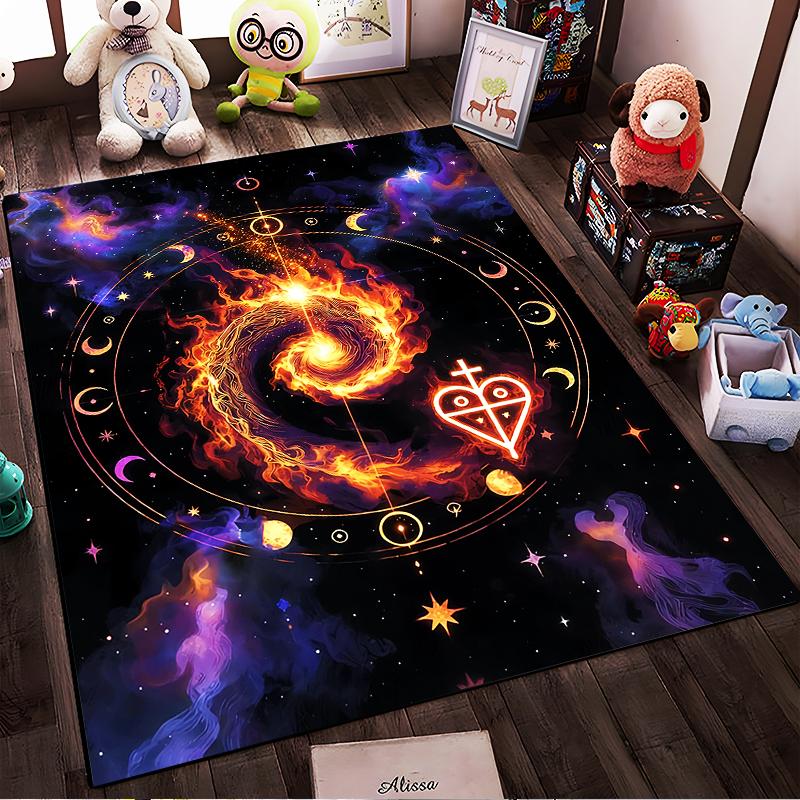"Galaxy Fire Swirl Design Carpet with Cosmic and Mystic Symbols" Suitable for use as an anti-slip for living room bedroom sofas