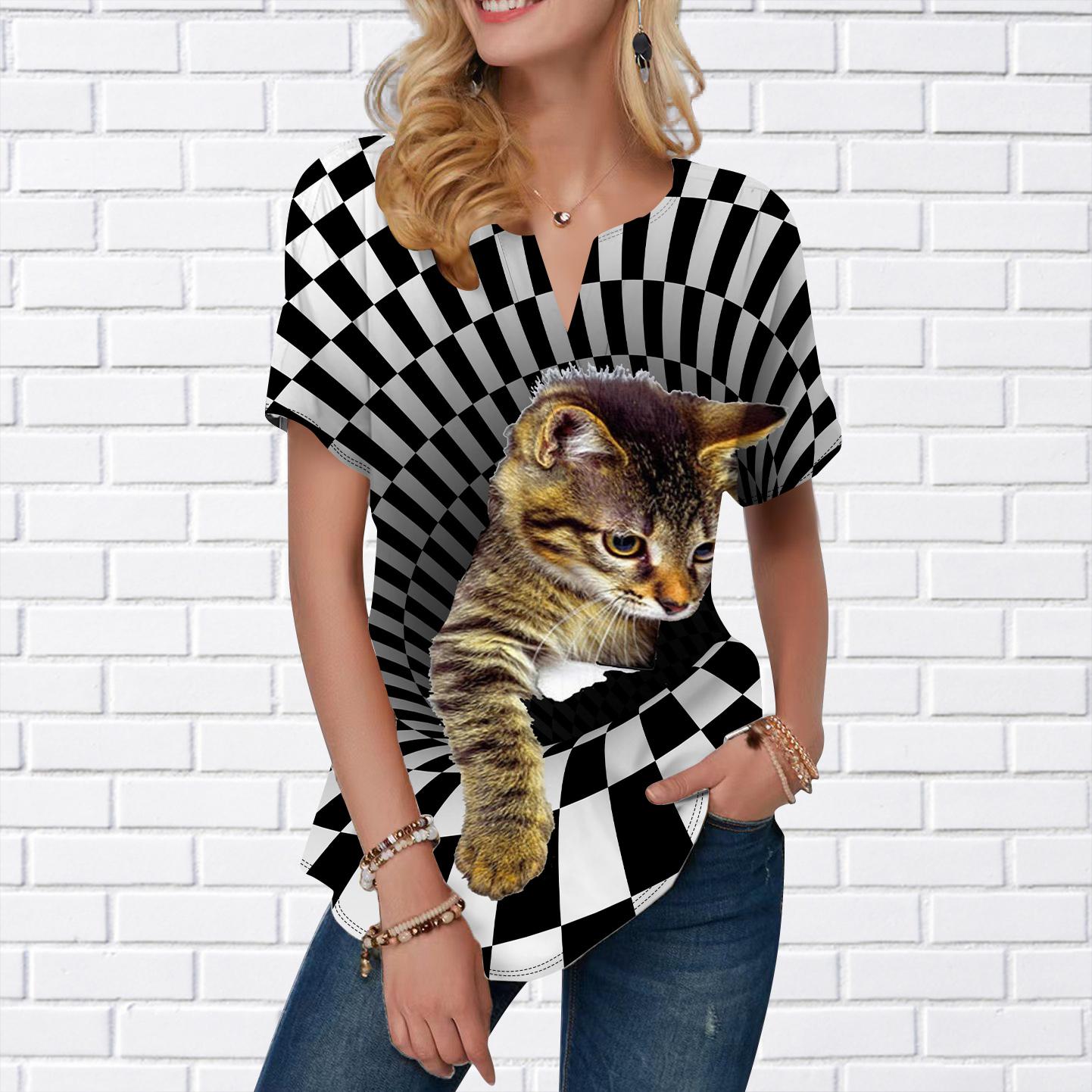 

Женская летняя футболка с принтом в виде кошки и спиральными отверстиями, футболки с короткими рукавами, повседневные топы с принтом, небольшой V-образный вырез, короткие рукава 8XL чёрный