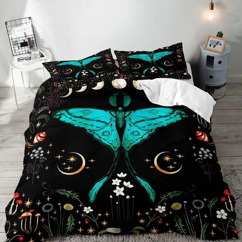 Aesthetic Boho Duvet Cover Full,3PCS  Bedding Set,Green Plant Botanical Fungus Beige Comforter Bedspread Quilt Cover