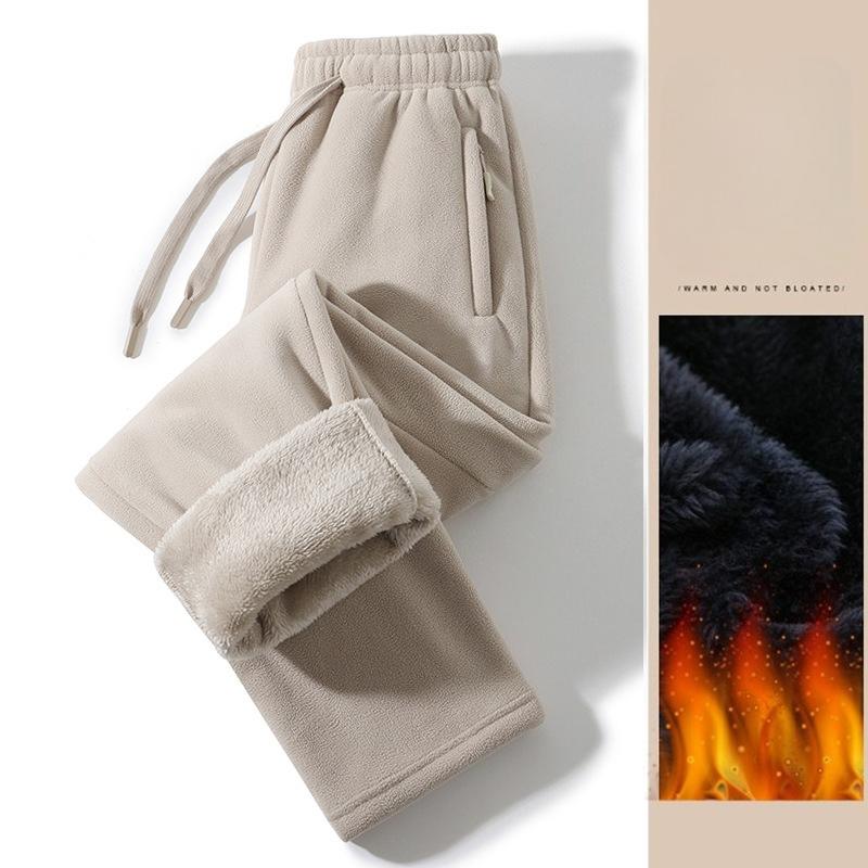 Men's Winter Pants Thickened Solid Zip Pocket Double-sided Polar Fleece Knit Sweatpants Windproof Pants