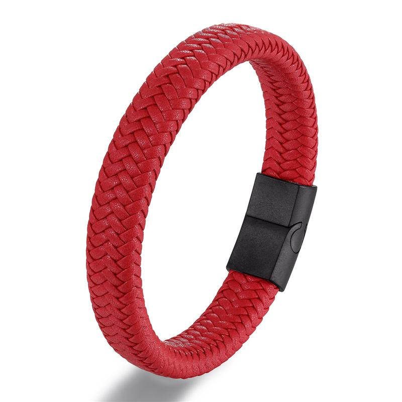 Men s Genuine Leather Titanium Steel Magnetic Clasp Bracelet Black Rope Wristband Gift 18.5cm красный