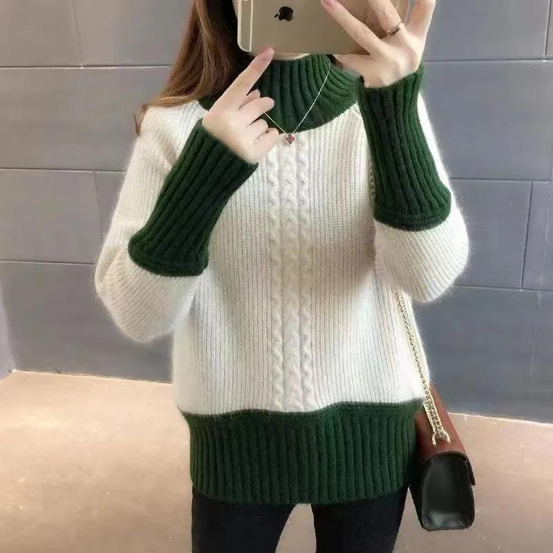 Свитер-пуловер женский осенне-зимний полувысокий воротник однотонный повседневный длинный рукав вязаный нижний свитер верх M зелёный 2125₽