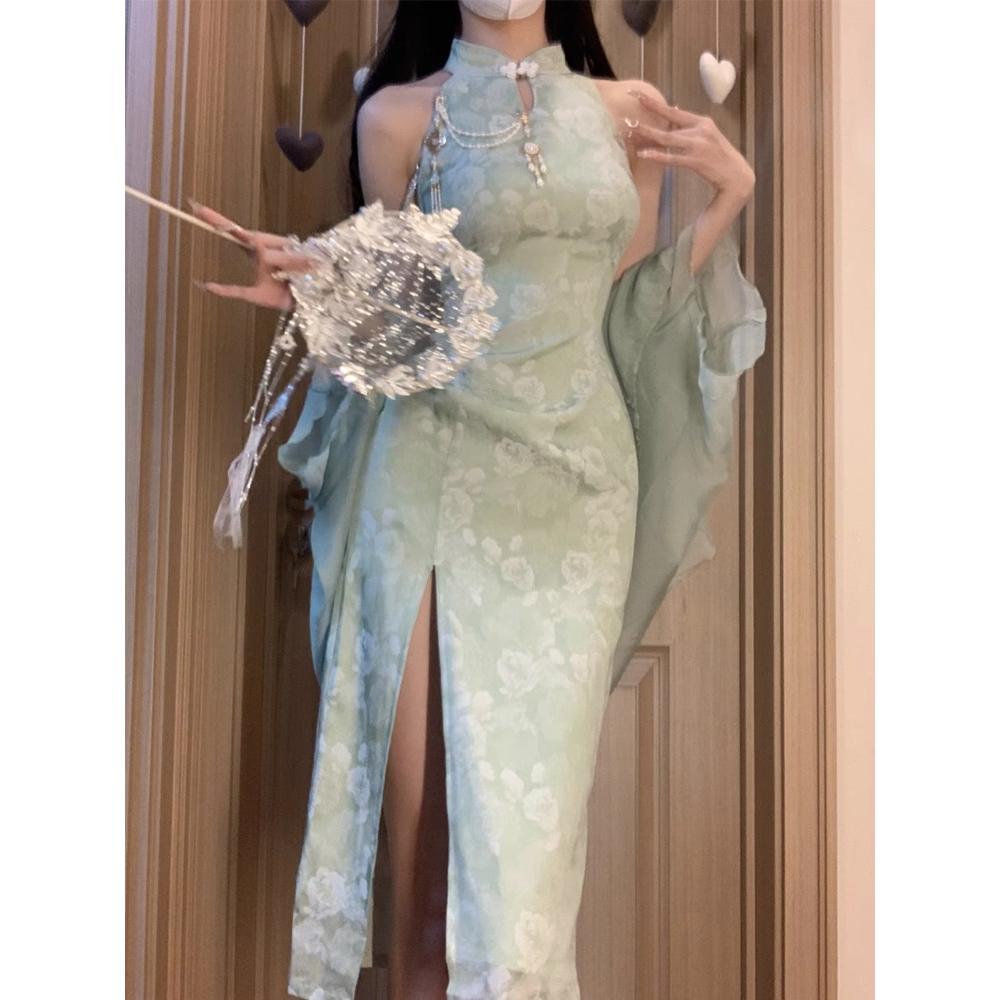 Grünes Cheongsam im nationalen Stil, verbessert, neues reines Verlangen, neuer chinesischer Kragen, lässiges Damenkleid, Damenstil, langes Kleid