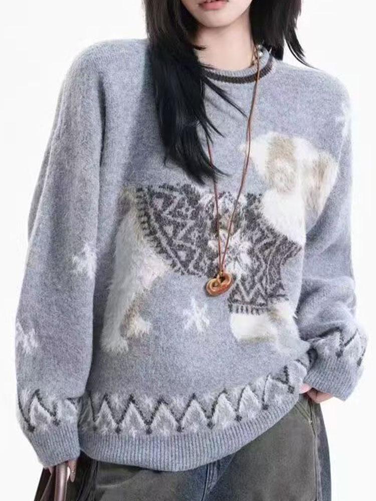 Unisex Retro Cartoon Embroidered Thick Fair Isle Sweater for 2026 - Puppy Mink Jacquard Design